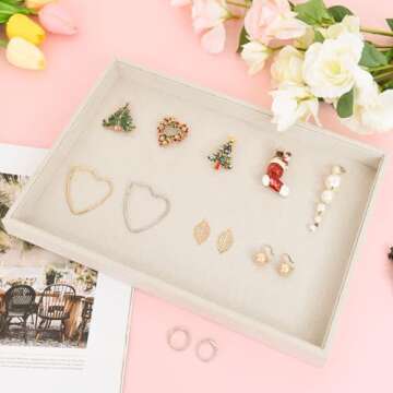 JETEHO Jewelry Tray for Drawers Linen Jewelry Display Tray Stackable Jewelry Trays Stackable Jewelry Organizer Trays for Necklace Bracelet Ring Watch Tray Felt Jewelry Tray(2 Pack)