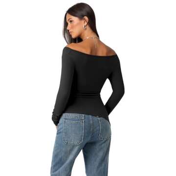 OMKAGI Asymmetrical Long Sleeve Shirts for Women Trendy One Off The Shoulder Tops(L,259-Black)