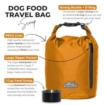 Callieco Dog Food Travel Bag - Waterproof Storage with Scoop & Pocket (32 Cups)