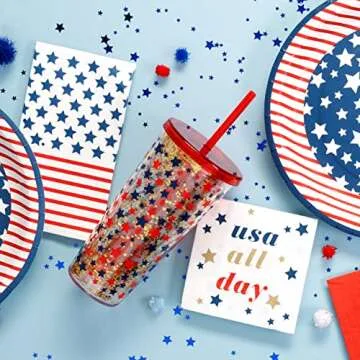 C.R. Gibson TW8-21994 Disposable Dinner Napkins and Guest Towels, 4.25'' x 8'', Red, White, and Blue American Flag, 16pcs