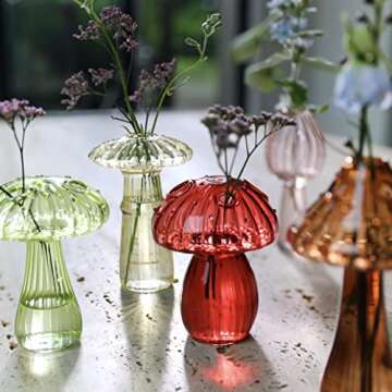 Hafhef Decorative Mushroom Vase, Delicate Flower Vase, Cottagecore Room Decor, Unique Green Glass Va...