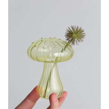 Hafhef Decorative Mushroom Vase, Delicate Flower Vase, Cottagecore Room Decor, Unique Green Glass Vase for Home/Kitchen/Office Decorations