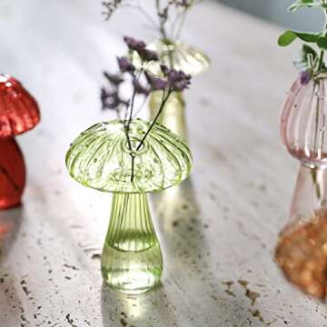 Hafhef Decorative Mushroom Vase, Delicate Flower Vase, Cottagecore Room Decor, Unique Green Glass Vase for Home/Kitchen/Office Decorations