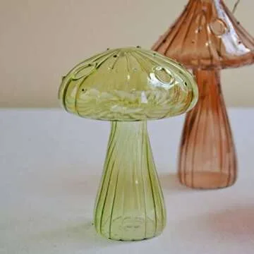 Hafhef Decorative Mushroom Vase, Delicate Flower Vase, Cottagecore Room Decor, Unique Green Glass Vase for Home/Kitchen/Office Decorations