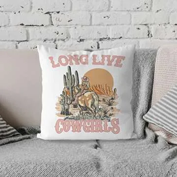 DOTAIN Retro Long Live Cowgirls Throw Pillow Cover Home Decor,Western Cowgirls Decor Pillow Case Pillowcase for Home Living Room Bed Sofa Couch Chair,Gift for Cowgirls(18x18 Inch)