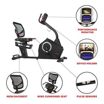 Sunny Health & Fitness Programmable Electro-Magnetic Resistance Recumbent Exercise Bike with 16 Levels of Resistance and 300 lbs Weight Capacity – SF-RB4850