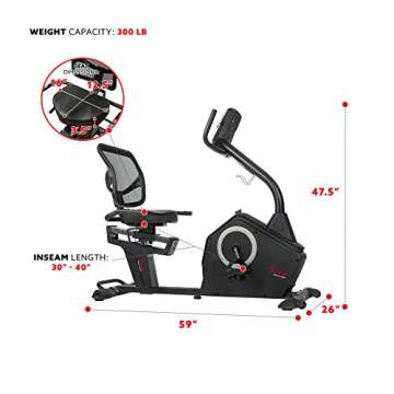 Sunny Health & Fitness Programmable Electro-Magnetic Resistance Recumbent Exercise Bike with 16 Levels of Resistance and 300 lbs Weight Capacity – SF-RB4850