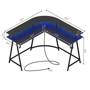 SUPERJARE L Shaped Gaming Desk with Power Outlets & LED Lights, Carbon Fiber Surface, Computer Desk with Monitor Stand, Home Office Desk Corner Desk with Cup Holder & Hooks, Black