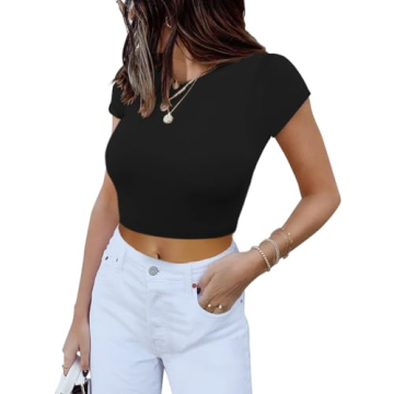 REORIA Women's Summer Cute Short Sleeve High Neck Double Lined Tight Casual Basic T Shirts Yoga Crop Tops Tees Black Medium