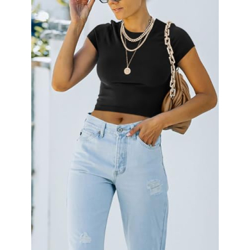 REORIA Women's Summer Cute Short Sleeve High Neck Double Lined Tight Casual Basic T Shirts Yoga Crop Tops Tees Black Medium