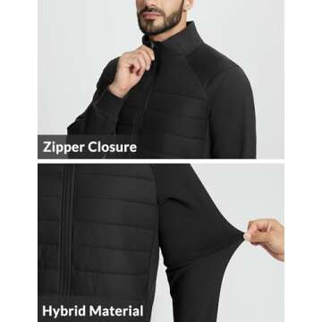 BALEAF Men's Insulated Warm Jacket Thermal Hybrid Hiking Mid Layer Full Zip Jackets Stand Collar Runing Outdoor Skiing Black XL