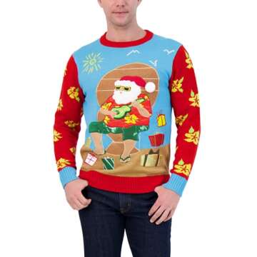 Holiday Hype Women's Festive Ugly Christmas Holiday Party Pull Over Sweater, Ukelele Beach Santa, La...