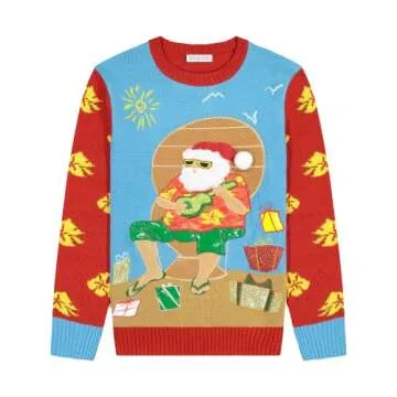 Holiday Hype Women's Festive Ugly Christmas Holiday Party Pull Over Sweater, Ukelele Beach Santa, Large