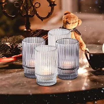Serene Spaces Living Ribbed Glass Votive Holders – Elegant Pleated Candle Holders for Tea Lights, Votive Candles – Decorative Glass Holders for Home, Weddings, 3.75" Tall and 2.25" Diameter, Set of 4