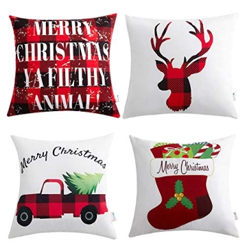 Anickal Christmas Pillow Covers 18x18 Red and Black Buffalo Check Velvet Throw Pillow Case with Chri...
