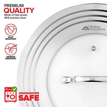 Modern Innovations Universal Lid with Tempered Glass Top for Pots & Pans, Fits 8.25, 9, 10, 11, and 12 Inch Cookware - Large Replacement Frying Pan Cover, Cast Iron Skillet Lids - Stainless Steel