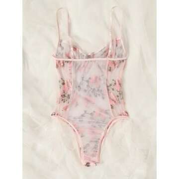 Lilosy Women Sexy Lace Up Butterfly Embroidered Teddy Babydoll Lingerie Bodysuit Top Mesh Sheer One ...