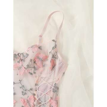 Lilosy Women Sexy Lace Up Butterfly Embroidered Teddy Babydoll Lingerie Bodysuit Top Mesh Sheer One Piece See Through Light Pink Small