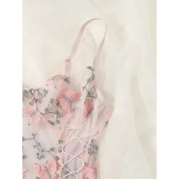 Lilosy Women Sexy Lace Up Butterfly Embroidered Teddy Babydoll Lingerie Bodysuit Top Mesh Sheer One Piece See Through Light Pink Small