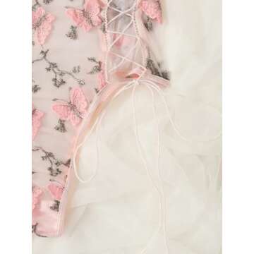 Lilosy Women Sexy Lace Up Butterfly Embroidered Teddy Babydoll Lingerie Bodysuit Top Mesh Sheer One Piece See Through Light Pink Small