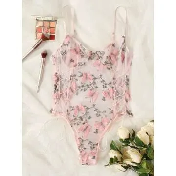 Lilosy Women Sexy Lace Up Butterfly Embroidered Teddy Babydoll Lingerie Bodysuit Top Mesh Sheer One Piece See Through Light Pink Small