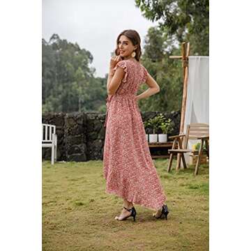 GRECERELLE Women's Summer Casual Cross V Neck Dress Bohemian Flowy Long Maxi Dress FP Floret Red-Small