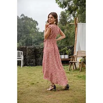 GRECERELLE Women's Summer Casual Cross V Neck Dress Bohemian Flowy Long Maxi Dress FP Floret Red-Small