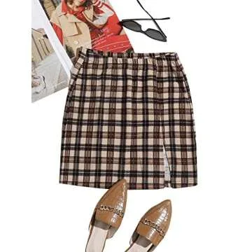 Floerns Women's Casual Split Hem High Waisted Mini Bodycon Plaid Skirt Brown Tartan XL