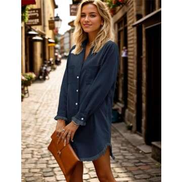 Zilcremo Women Denim Shirt Dresses Long Sleeve Distressed Jean Dress Button Down Casual Tunic Top Na...