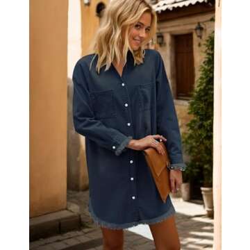 Zilcremo Women Denim Shirt Dresses Long Sleeve Distressed Jean Dress Button Down Casual Tunic Top Navy M