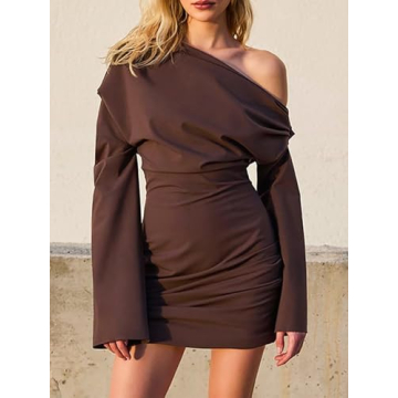 Shamankadi Women's Sexy Off The Shoulder Long Sleeve Mini Dress Elegant Ruched Wrap Bodycon Formal Cocktail Party Going Out Dresses Brown S