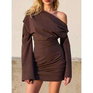 Shamankadi Women's Sexy Off The Shoulder Long Sleeve Mini Dress Elegant Ruched Wrap Bodycon Formal Cocktail Party Going Out Dresses Brown S