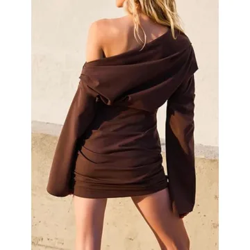 Shamankadi Women's Sexy Off The Shoulder Long Sleeve Mini Dress Elegant Ruched Wrap Bodycon Formal Cocktail Party Going Out Dresses Brown S