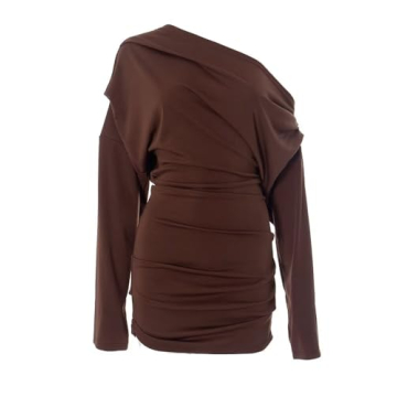 Shamankadi Women's Sexy Off The Shoulder Long Sleeve Mini Dress Elegant Ruched Wrap Bodycon Formal Cocktail Party Going Out Dresses Brown S