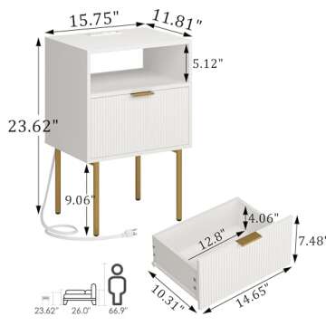 Modern Nightstand with Charging Station and LED Lights, White Bedside Table with Drawer, Fluted Side...