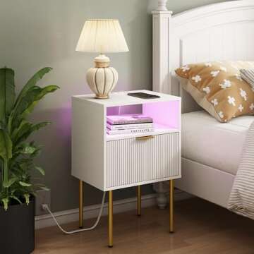 Modern Nightstand with Charging Station and LED Lights, White Bedside Table with Drawer, Fluted Side Table for Living Room, Bedroom