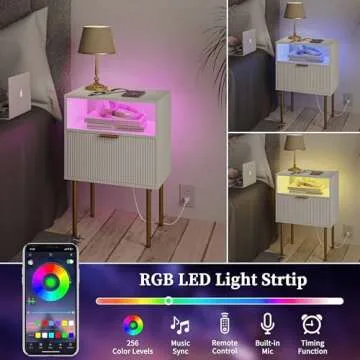 Modern Nightstand with Charging Station and LED Lights, White Bedside Table with Drawer, Fluted Side Table for Living Room, Bedroom