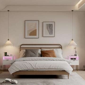 Modern Nightstand with Charging Station and LED Lights, White Bedside Table with Drawer, Fluted Side Table for Living Room, Bedroom