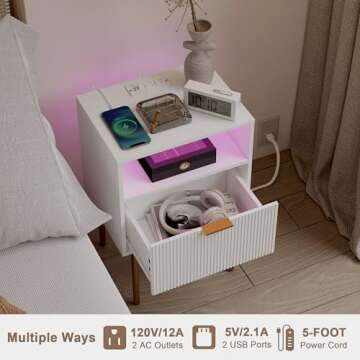 Modern Nightstand with Charging Station and LED Lights, White Bedside Table with Drawer, Fluted Side Table for Living Room, Bedroom