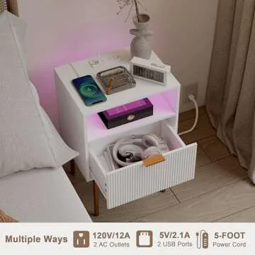 Modern Nightstand with Charging Station and LED Lights, White Bedside Table with Drawer, Fluted Side Table for Living Room, Bedroom