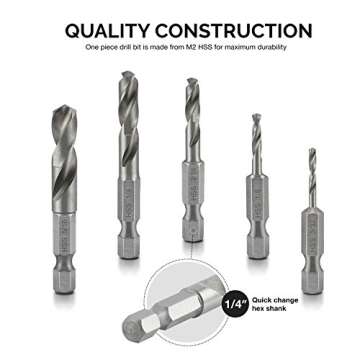 NEIKO 11402A Stubby Drill Bit Set - 5 Piece High-Speed Steel Set with Hex Shank Holder