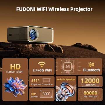 FUDONI Projector with WiFi and Bluetooth, Upgraded 5G Portable Projectors 4K Supported Native 1080P ...