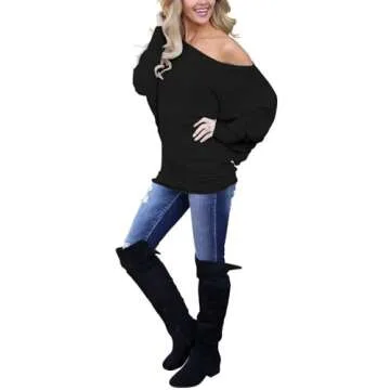 Lacozy Womens Off Shoulder Tops Casual Oversized Long Sleeve Knit Pullover Sweater Tunic Shirt Black S