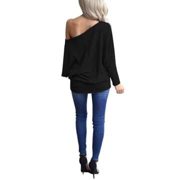 Lacozy Womens Off Shoulder Tops Casual Oversized Long Sleeve Knit Pullover Sweater Tunic Shirt Black S
