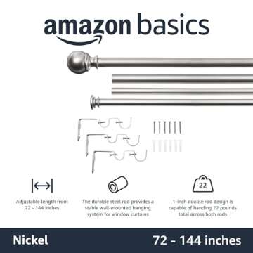 Amazon Basics Adjustable Curtain Rods for Windows, Round Finials, 1-Inch Double, 72" to 144", Nickel, Pack of 1