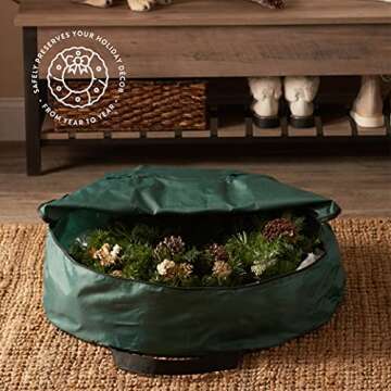 ZOBER Christmas Wreath Storage Container - 24 Inch Wreath Bag for Artificial Wreaths - Dual Zippered Wreath Storage W/Strong, Durable Handles - Green