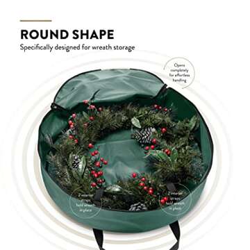ZOBER Christmas Wreath Storage Container - 24 Inch Wreath Bag for Artificial Wreaths - Dual Zippered Wreath Storage W/Strong, Durable Handles - Green