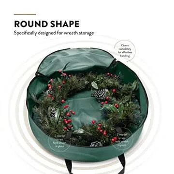 ZOBER Christmas Wreath Storage Container - 24 Inch Wreath Bag for Artificial Wreaths - Dual Zippered Wreath Storage W/Strong, Durable Handles - Green