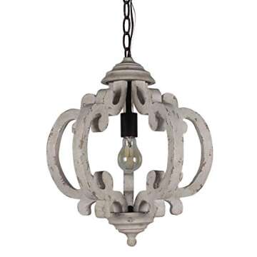 DOCHEER Farmhouse Wood Chandelier Distressed White 1-Light Round Vintage Wooden Pendant Hanging Lighting Fixtures for Dining Room, Bedroom, Kitchen Island, Foyer, Entryway
