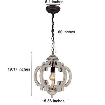 DOCHEER Farmhouse Wood Chandelier Distressed White 1-Light Round Vintage Wooden Pendant Hanging Lighting Fixtures for Dining Room, Bedroom, Kitchen Island, Foyer, Entryway